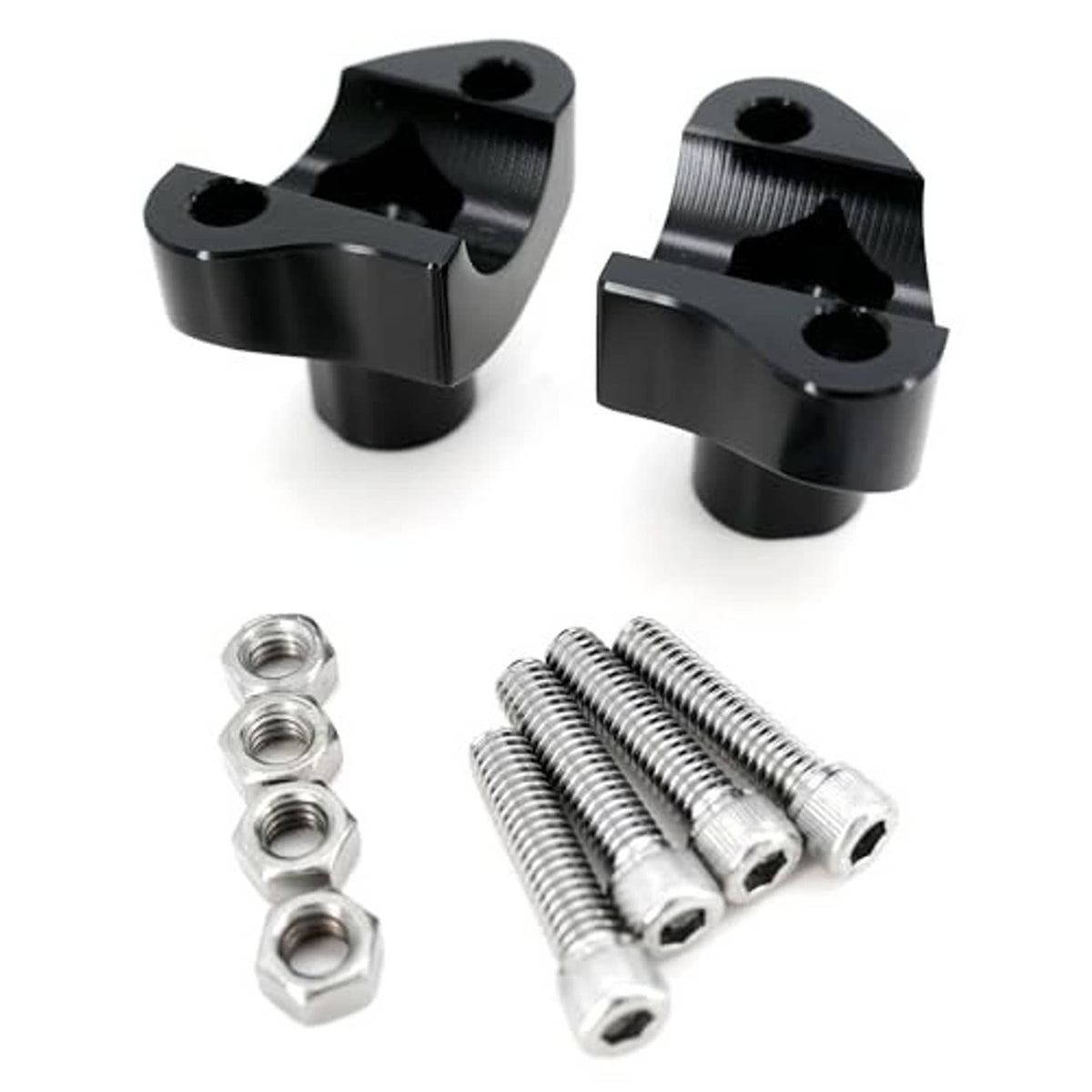 Black CNC handlebar risers with threaded clamp inserts and silver mounting bolts
