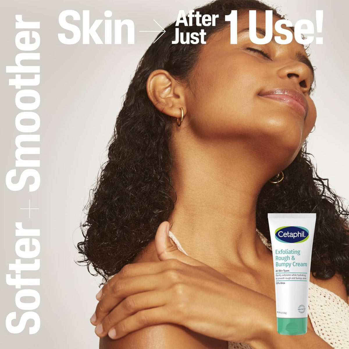 Person with Cetaphil Exfoliating Rough & Bumpy Cream tube held near face