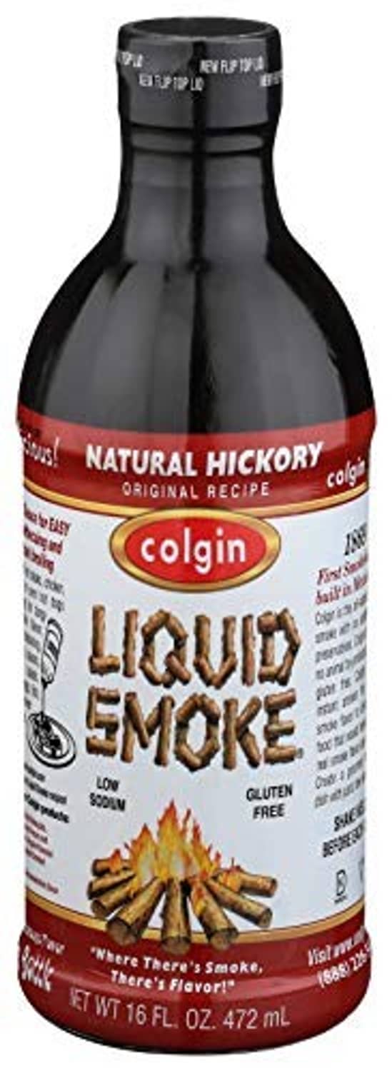 Colgin Liquid Smoke bottle with Natural Hickory label, dark glass and red cap.