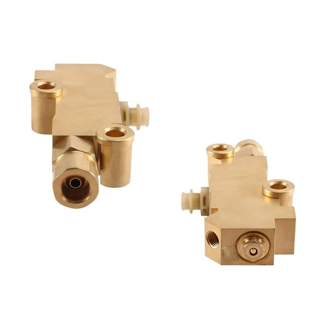 Brass proportioning valve detail view with threaded outlets and round mounting ports
