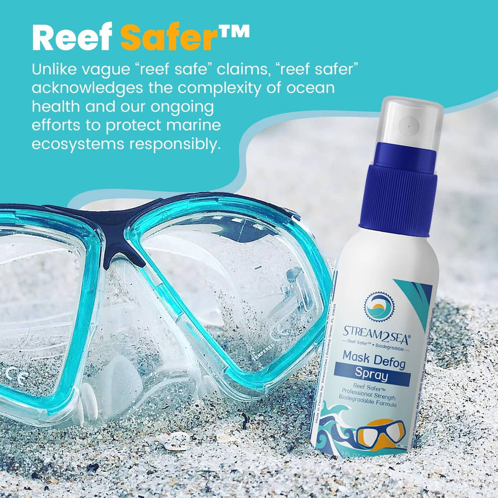 Mask defog spray bottle with blue cap beside swim goggles