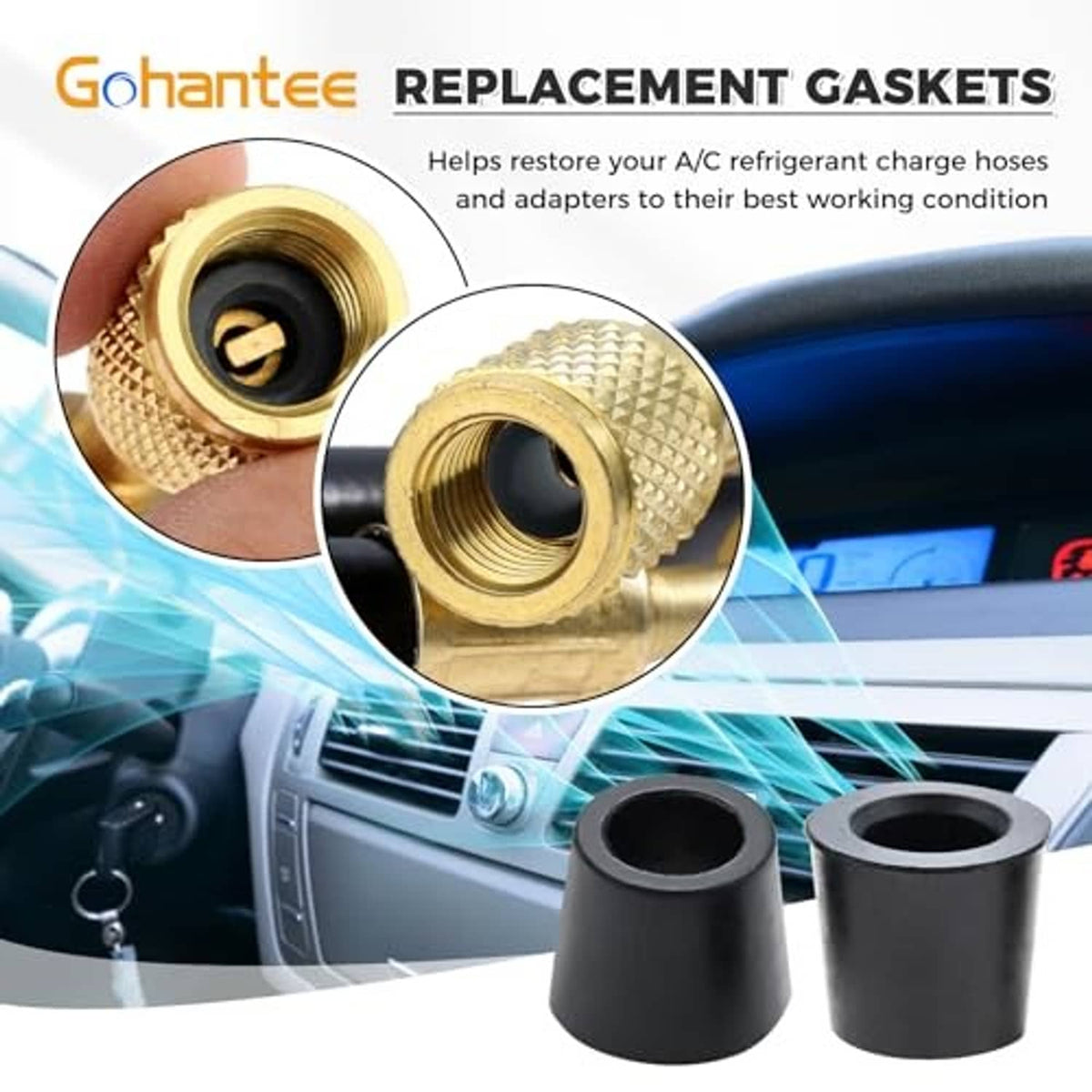 Black rubber gasket caps near brass A/C fitting adapter, replacement charging gaskets