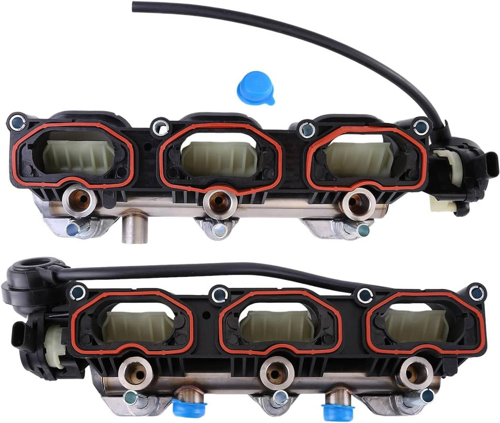 Intake manifold pair with three ports; black housings, red gaskets, and metal runners