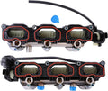 Intake manifold pair with three ports; black housings, red gaskets, and metal runners