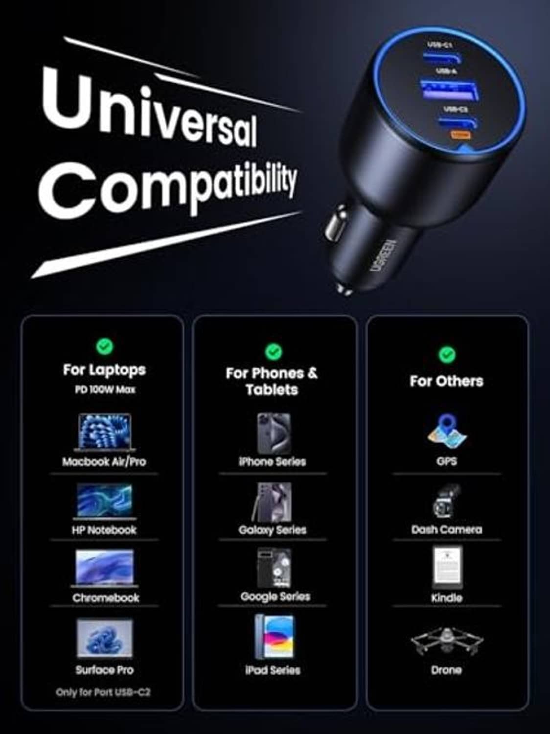 Black universal USB-C car charger with blue-lit ring and multiple device icons