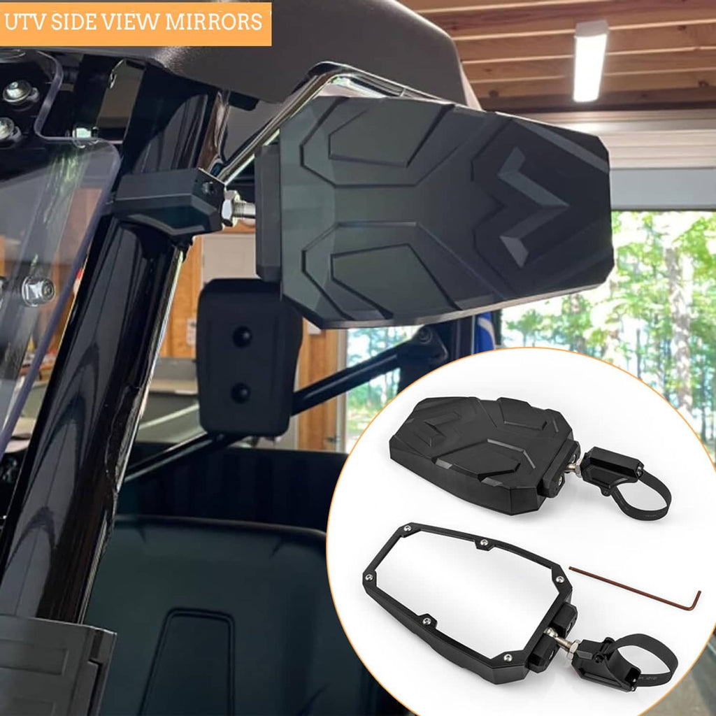 UTV side mirrors mounted on roll cage with black housings and included mirror kit