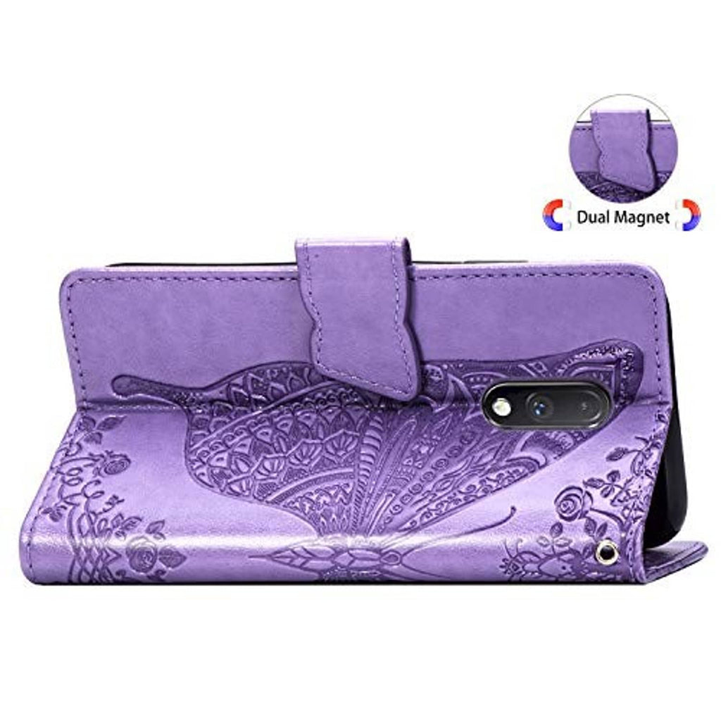 Light purple wallet-style phone case with magnetic closure and side cutout for camera