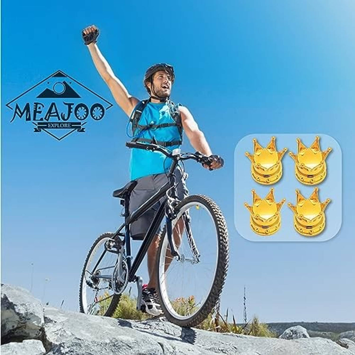 Four gold crown tire valve stem caps with rubber rings for bikes, cars, and motorcycles