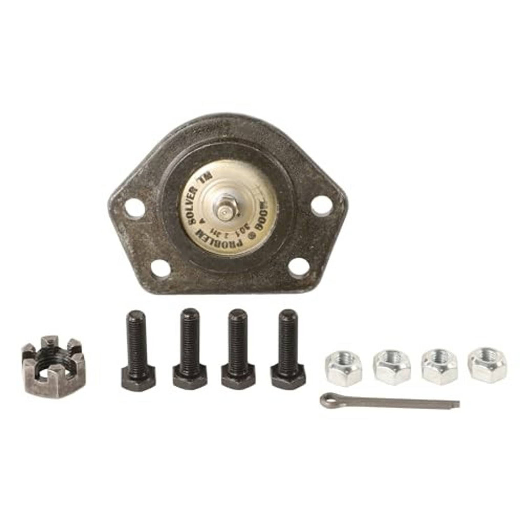 Front upper suspension ball joint with round service plate, mounting holes, and studs
