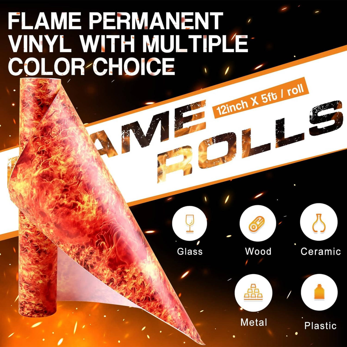 Flame permanent vinyl roll with orange-red fire graphic and visible rolled edge