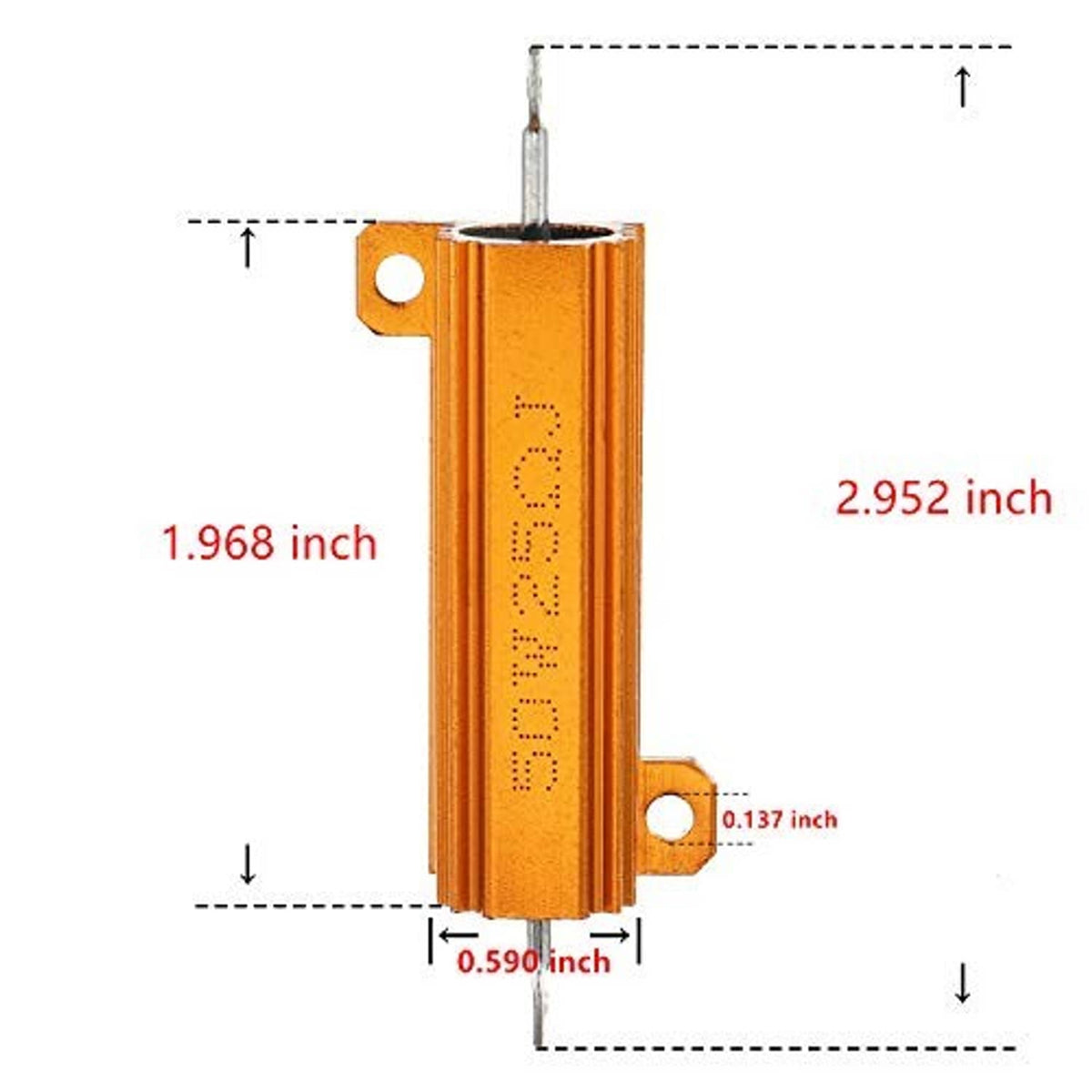 Screw-mount wirewound resistor dimensions: 2.952 in tall, 0.590 in wide, 25 ohm