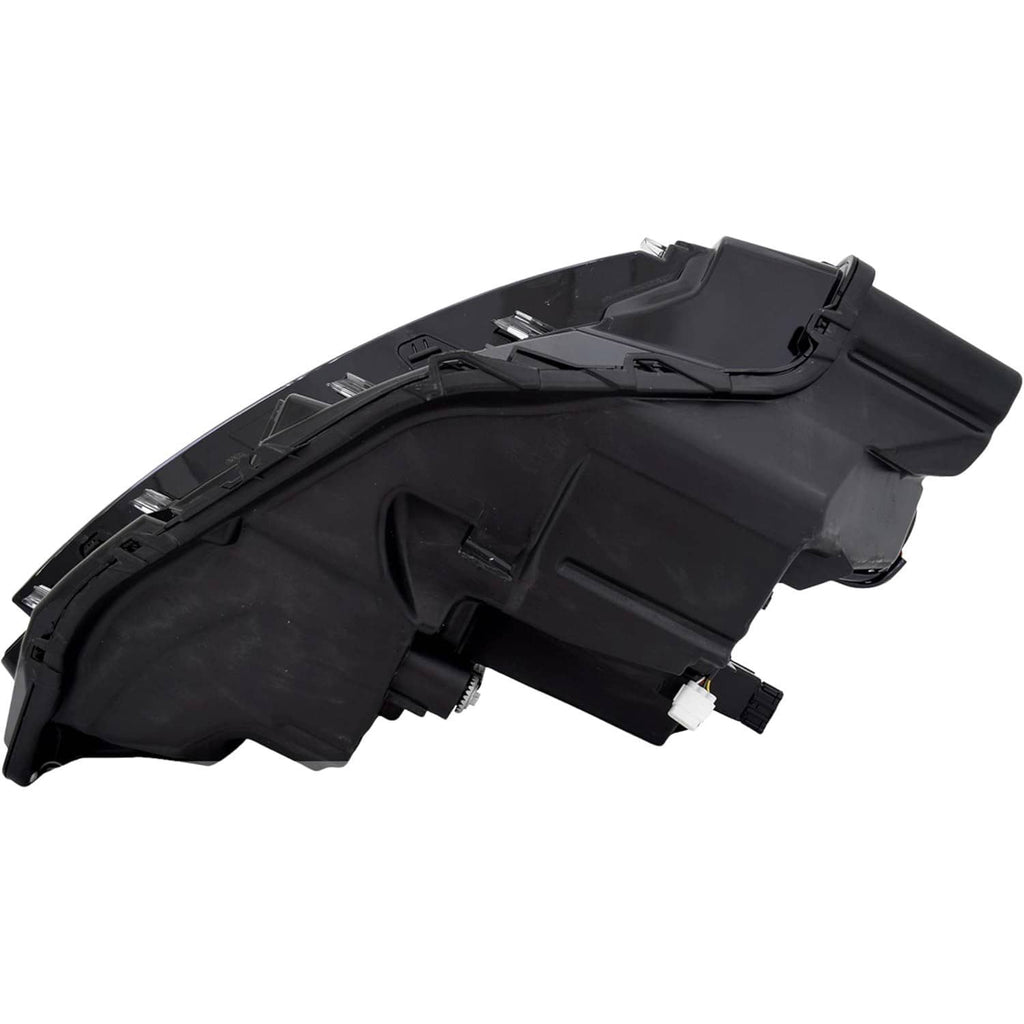 Right LED headlight housing assembly in black plastic, rear underside view