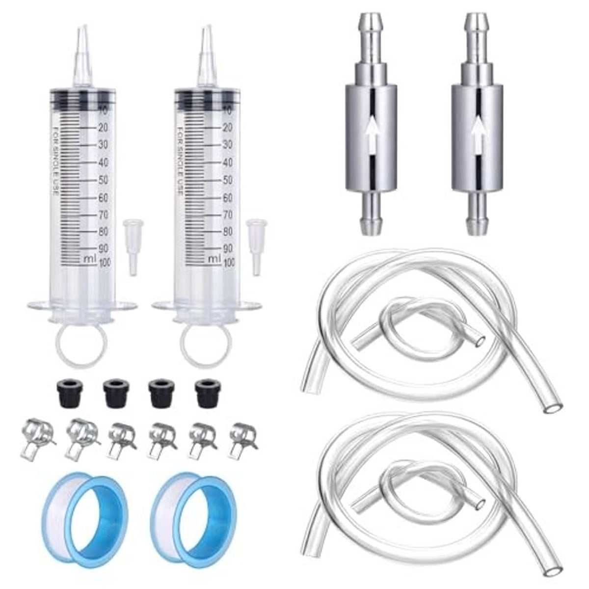 Brake bleeder kit set: 2 syringes, clear tubing, metal connectors, clamps, and rubber caps.