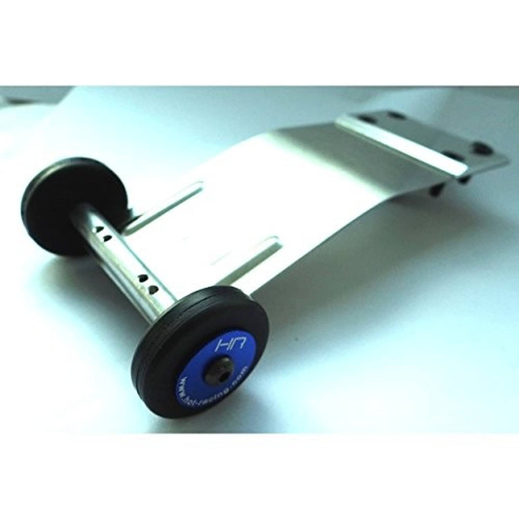 RC suspension upgrade with silver metal arm and black wheels with blue hub accents