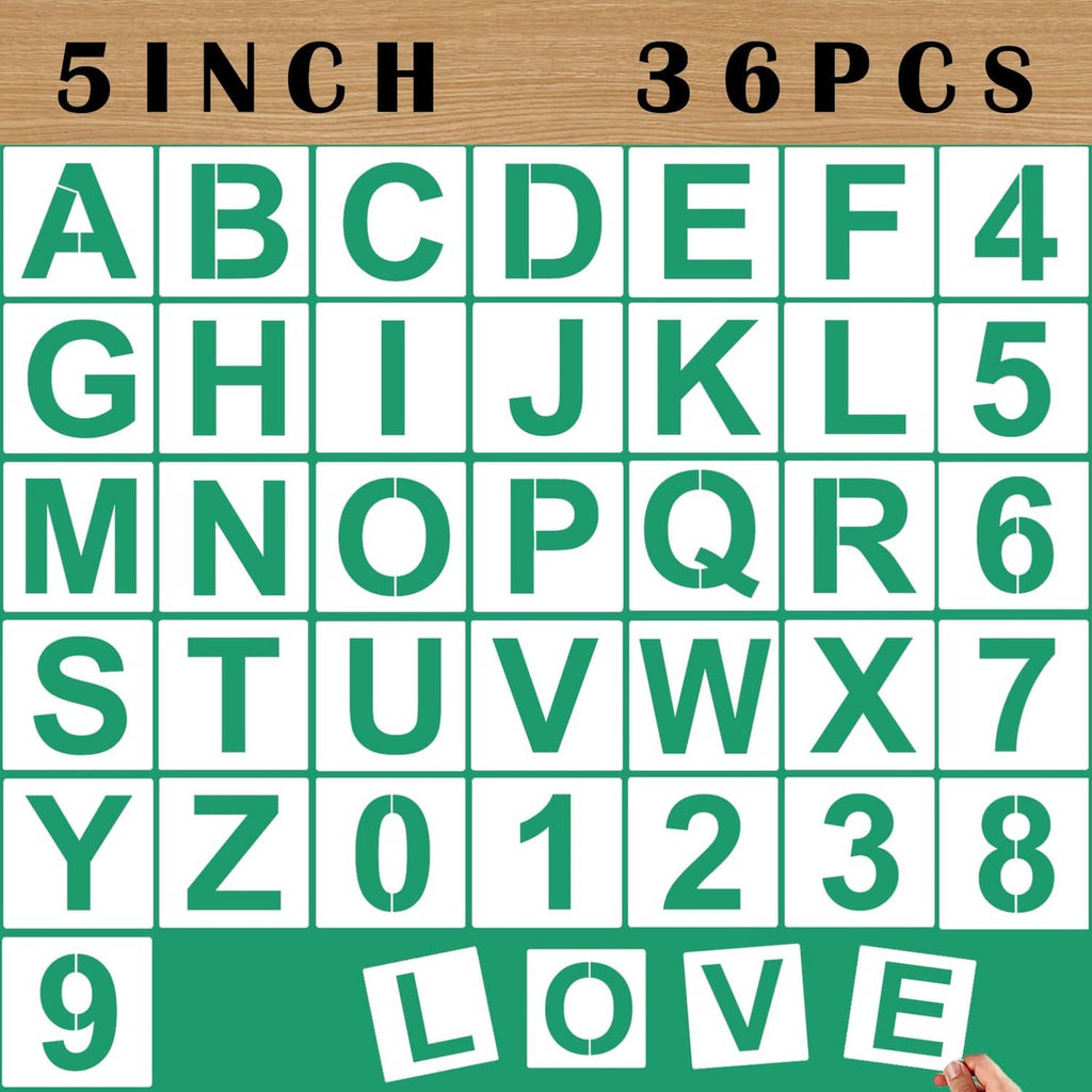 Large letter and number stencil set, 36-piece sheet with bold alphabet and numbers (5-inch)