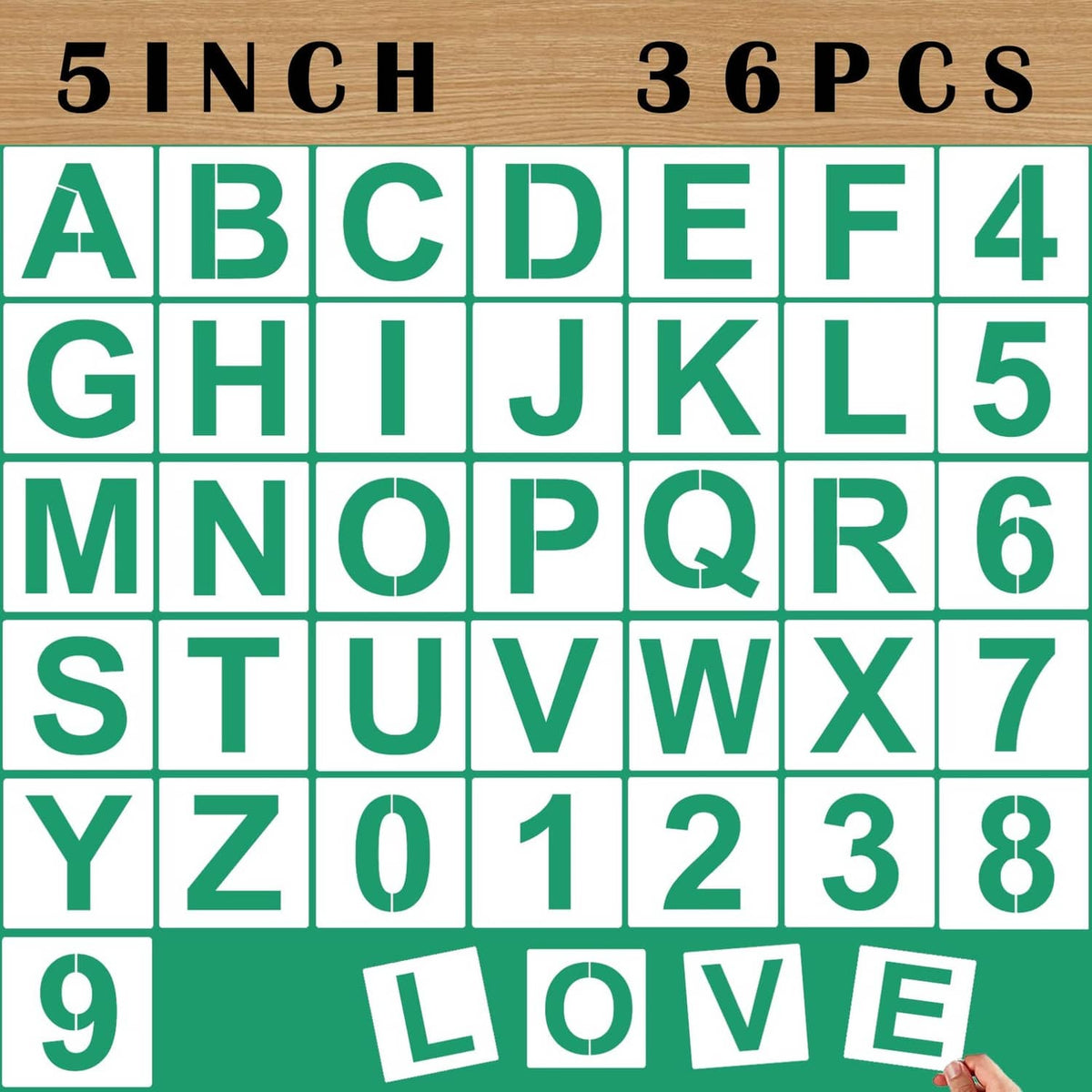 Large letter and number stencil set, 36-piece sheet with bold alphabet and numbers (5-inch)