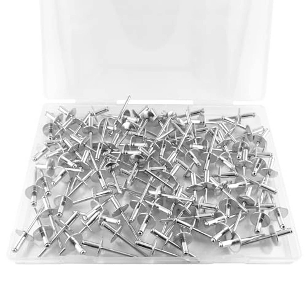 Bag of silver aluminum blind rivets with large flange heads, mixed rivet pack