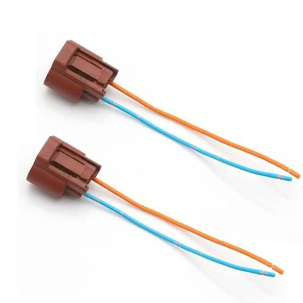 Two headlight wire pigtail sockets with brown housings and orange/blue wire leads