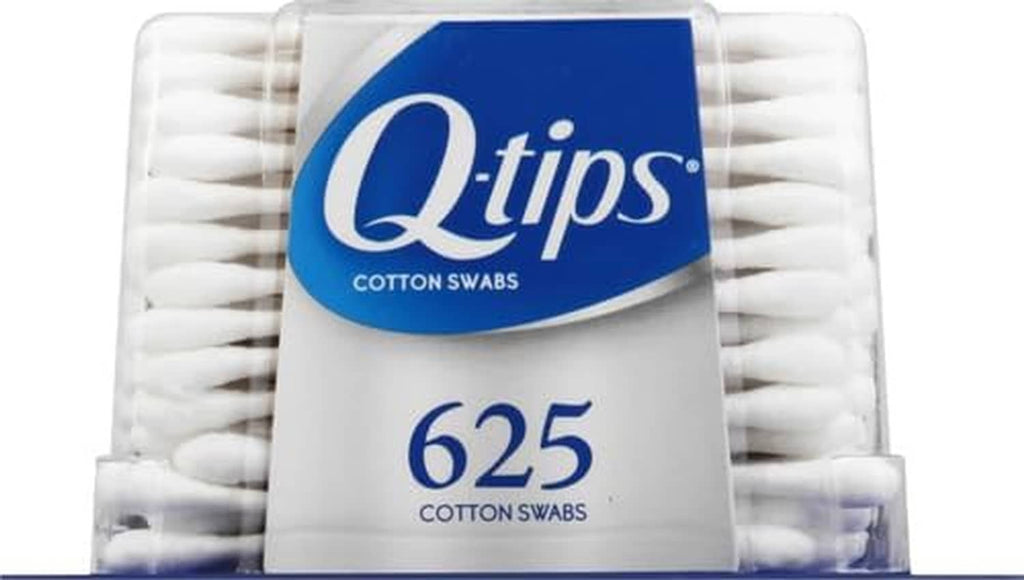 Q-tips 625 cotton swabs in a clear plastic dispenser