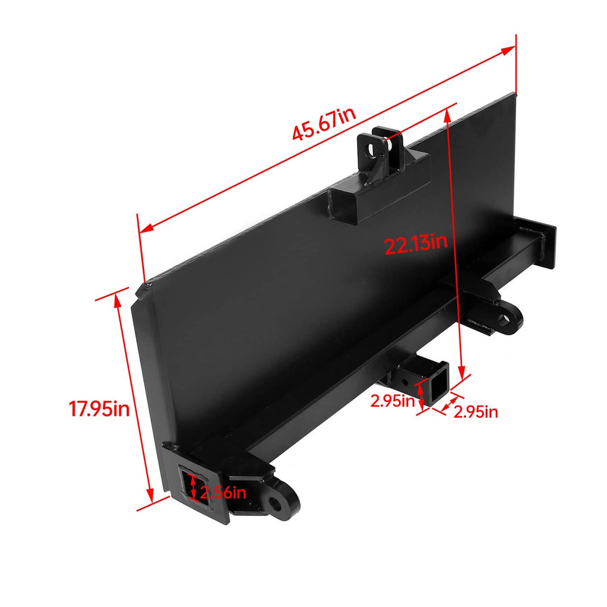 Black steel attachment adapter hitch, side view with support tabs and welded mounts