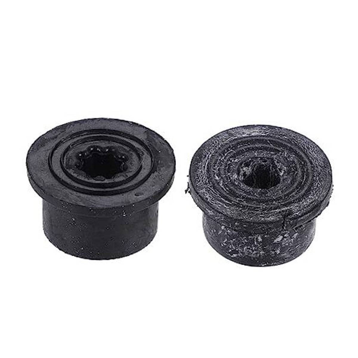 Set of two black rubber radiator mount bushings, round with central holes.