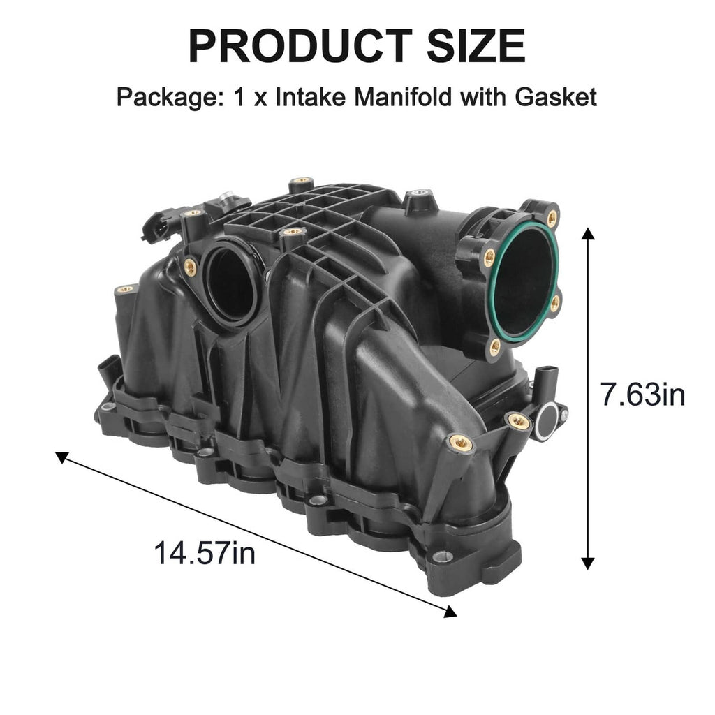 Black intake manifold assembly with side air inlet opening and mounting hardware