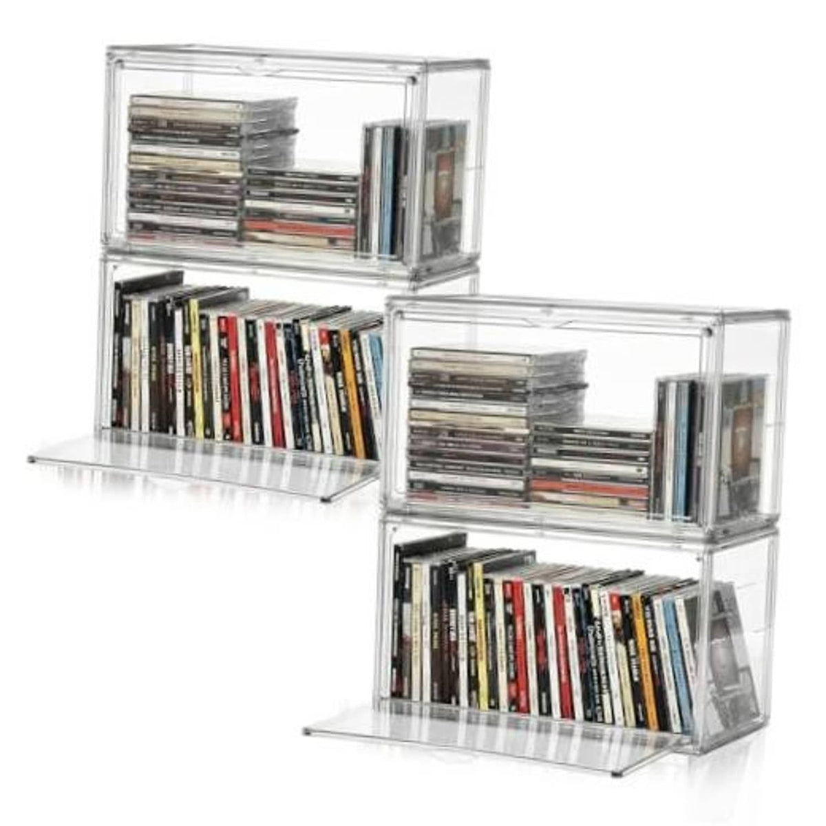Stackable clear acrylic DVD/CD storage boxes with open front panels