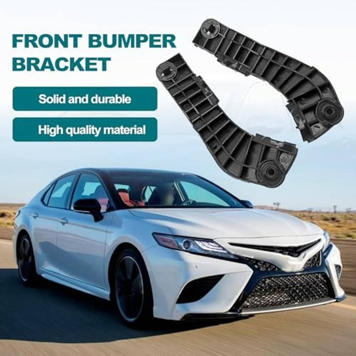 Front bumper bracket on car front, black plastic grille-style mounting brackets