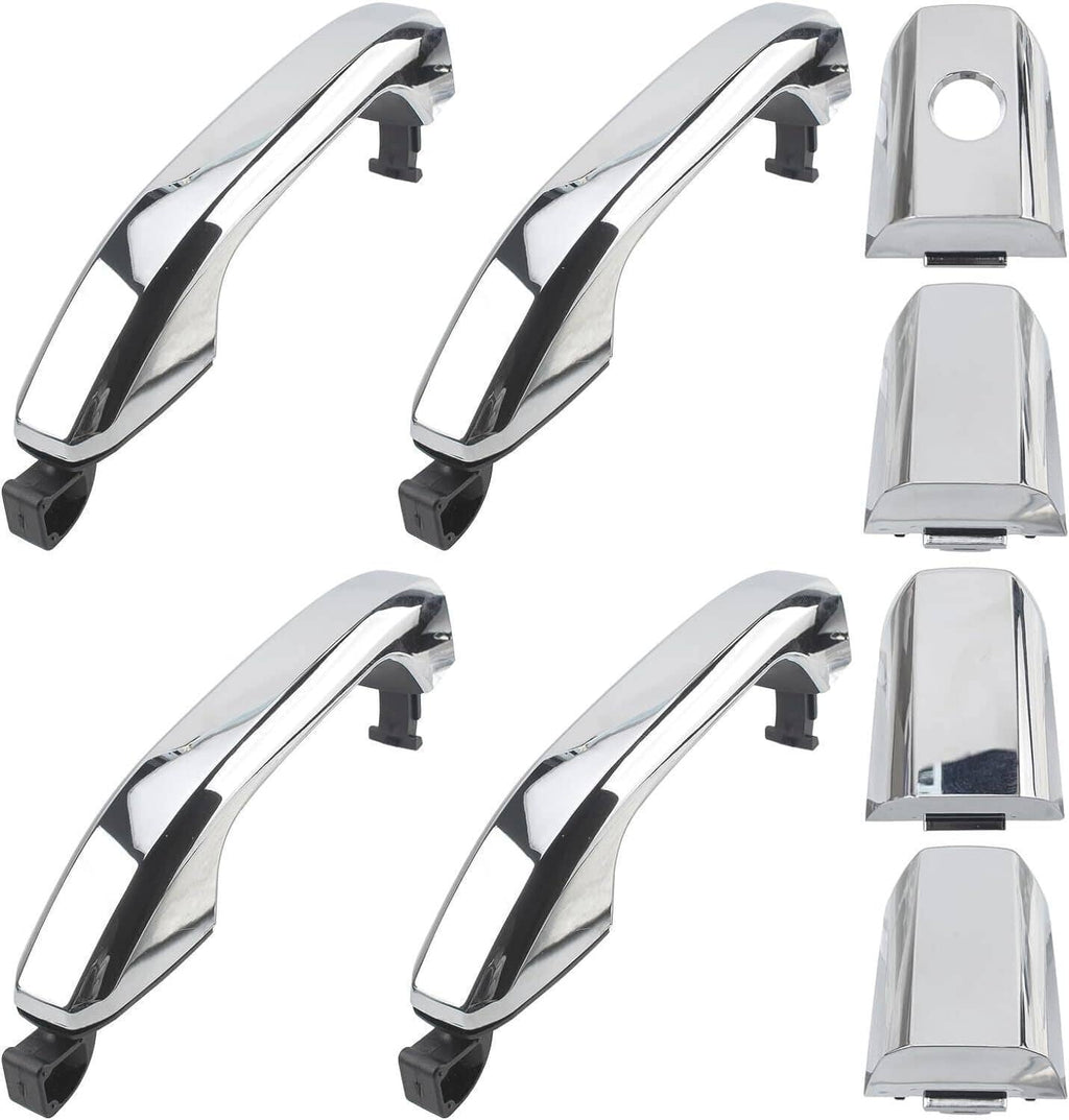 Assorted angles of chrome exterior door handle covers with black mounting tabs