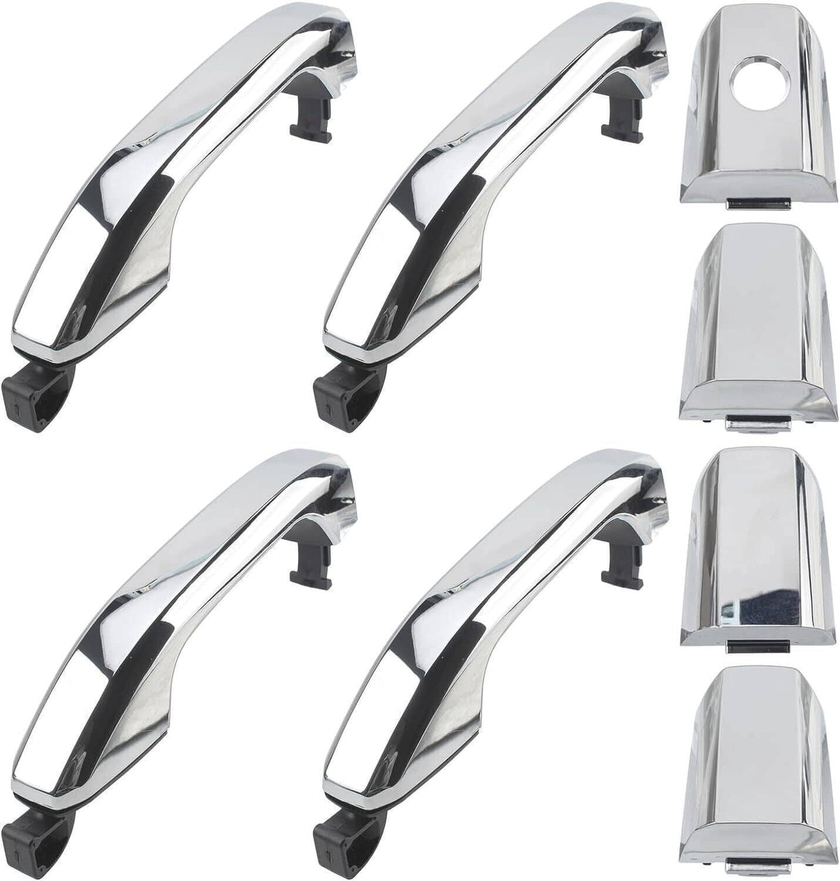 Assorted angles of chrome exterior door handle covers with black mounting tabs
