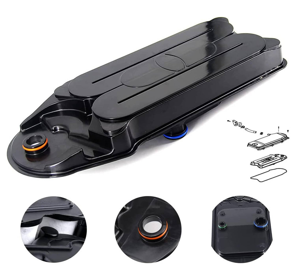 Black engine crankcase ventilation filter breather element with blue port accents
