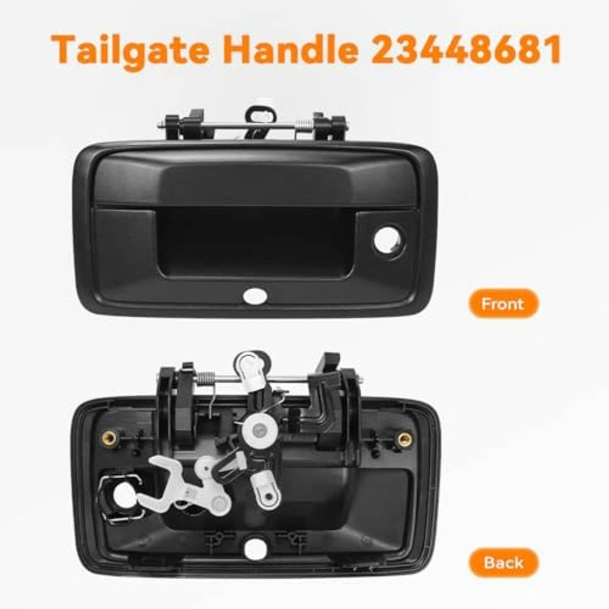 Black tailgate handle front and back views with internal parts