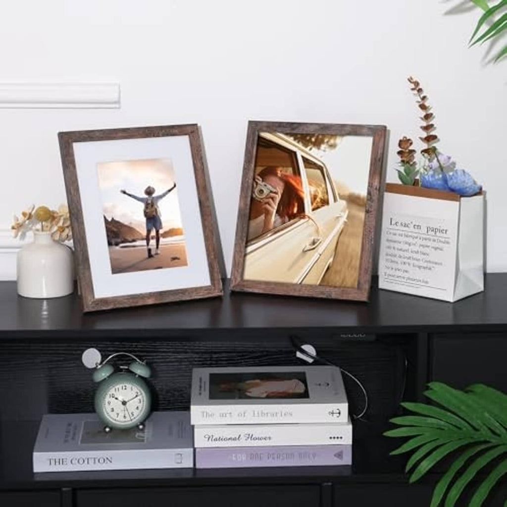Rustic brown photo frames displayed with tempered glass fronts and inner photo prints