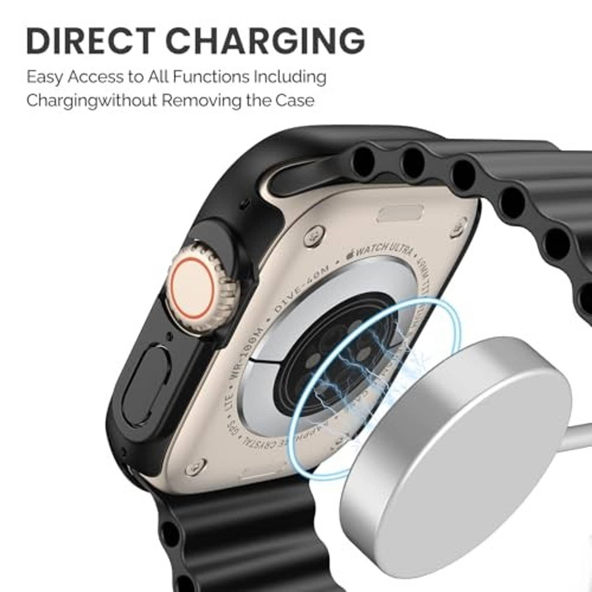 Black smartwatch case with cutouts for direct charging access