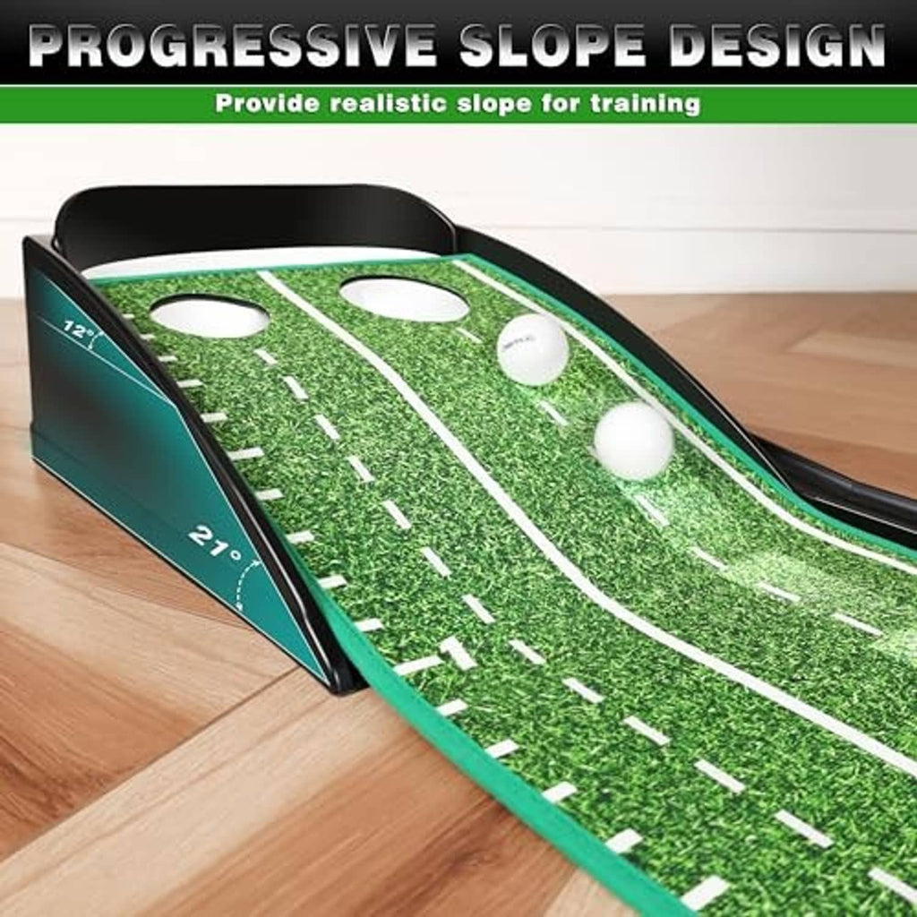 Indoor golf putting green with sloped surface, side walls, and multiple white golf balls.