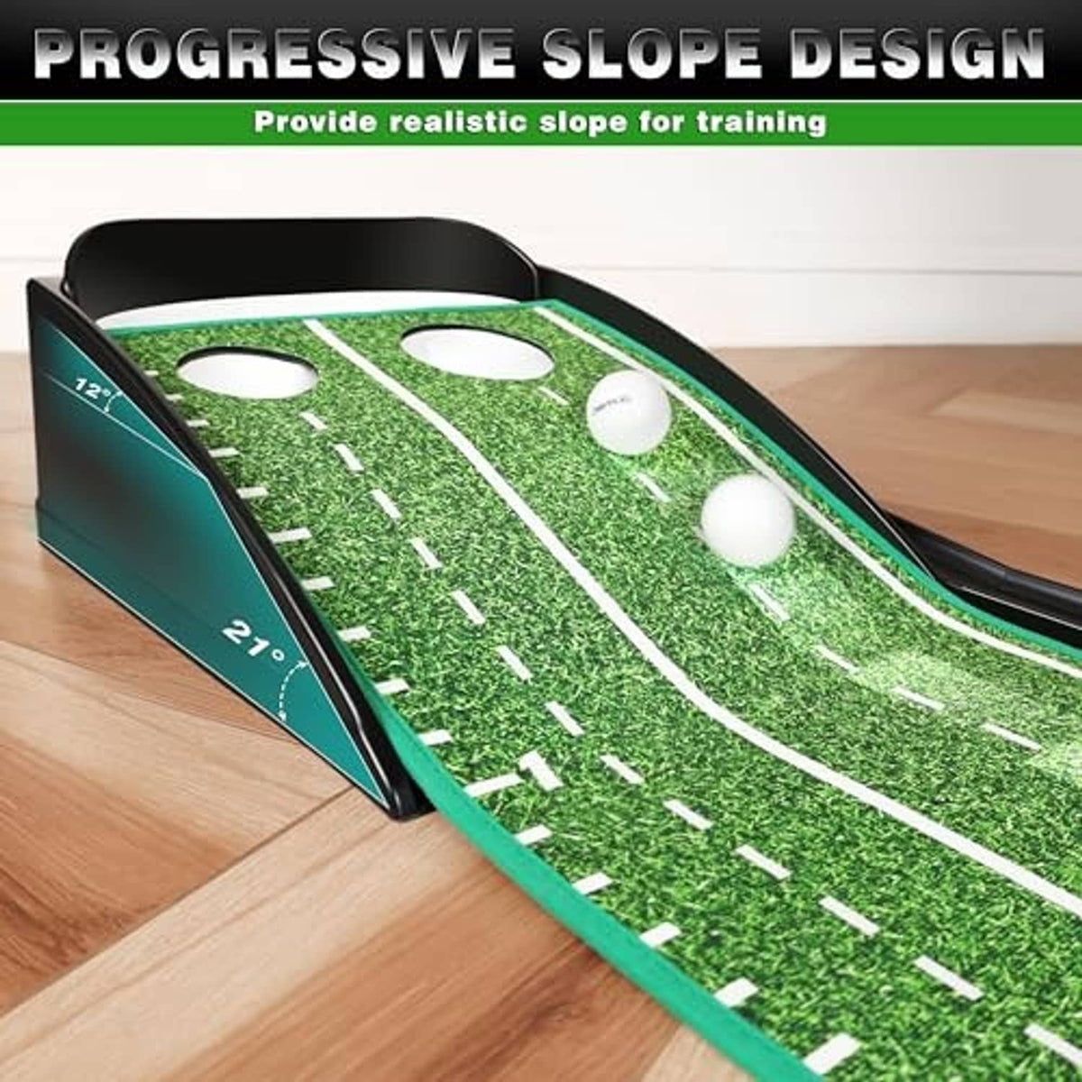 Indoor golf putting green with sloped surface, side walls, and multiple white golf balls.