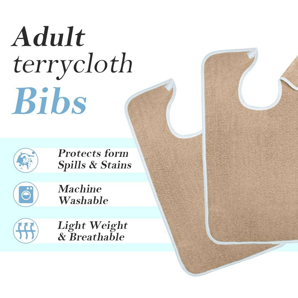 Beige terrycloth adult bib with white trim shown front view for spill protection.