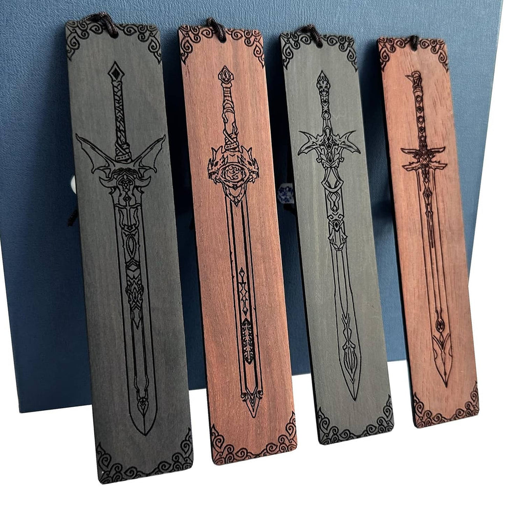 Four sword bookmarks on a blue card, black and brown woodgrain with sword icons