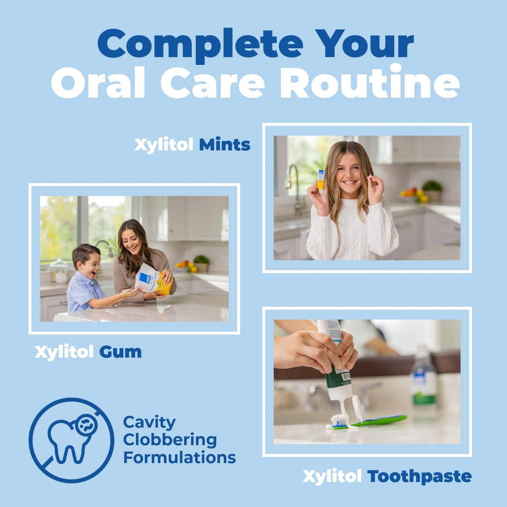 Oral care routine graphic featuring xylitol gum and xylitol mints