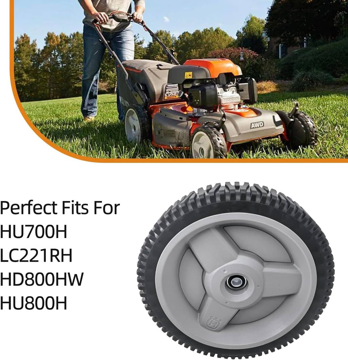 Knobby walk-behind lawn mower wheel, grey rim with center bearing and hub