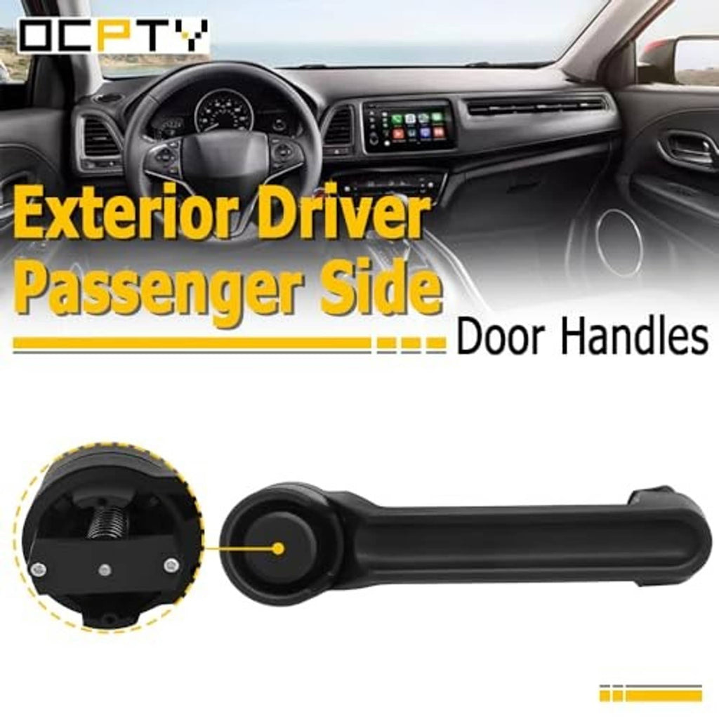 Black exterior door handle with round bezel end and visible mounting opening