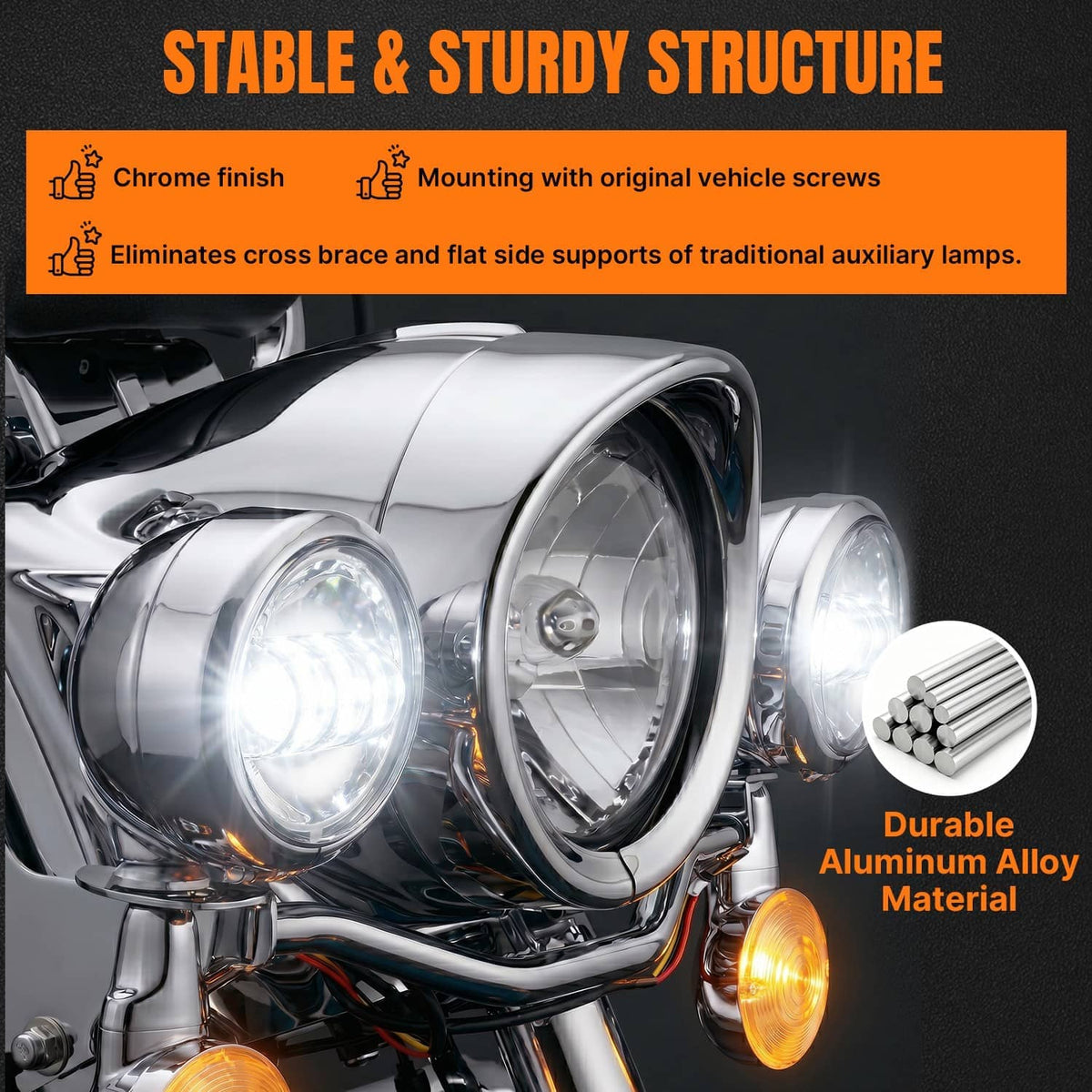 Chrome LED auxiliary lights with durable aluminum alloy housings and clear lenses