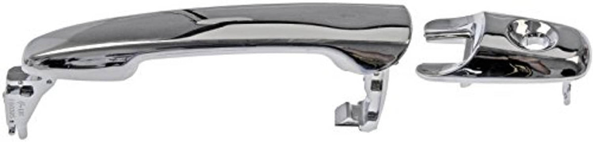 Chrome exterior door handle with mounting hardware and lock cylinder