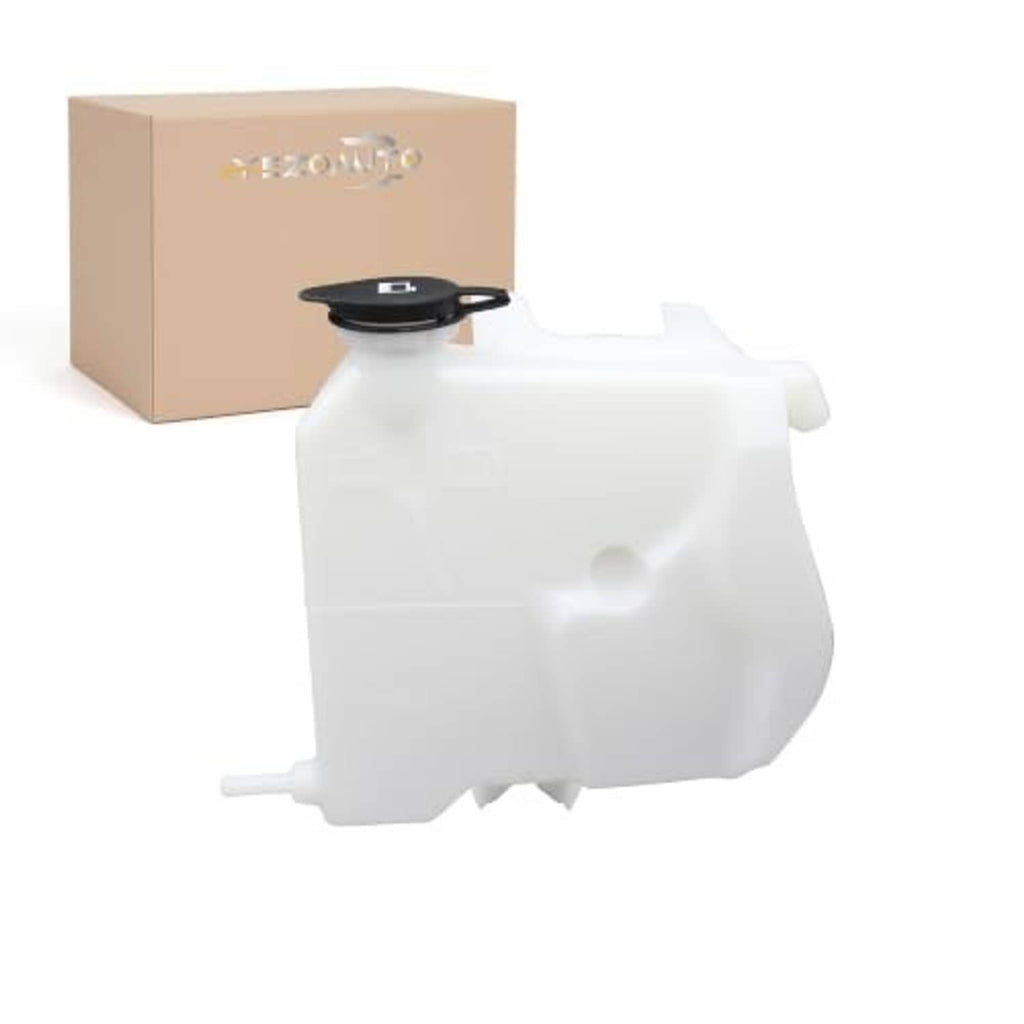 White pressurized coolant reservoir with black cap, angled front view
