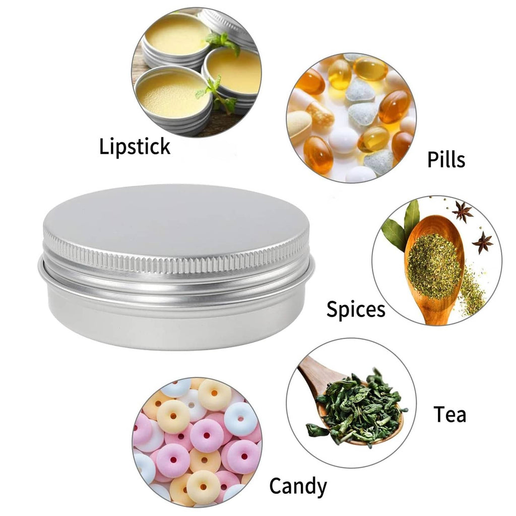 Round aluminum tin with labeled use ideas: lip balm, pills, spices, tea, candy