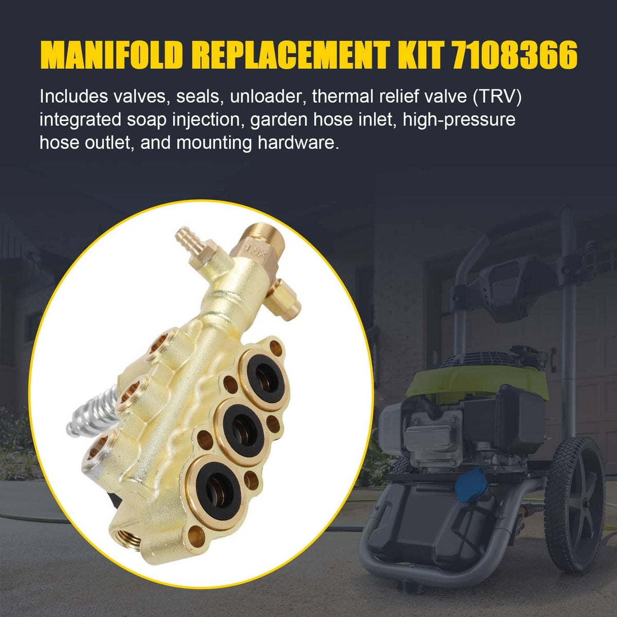 Pressure washer manifold replacement kit with valve body, seals, and unloader (brass)