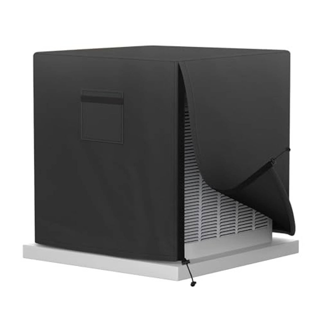 Black outdoor AC unit cover with front square panel and side vent opening, fitted.