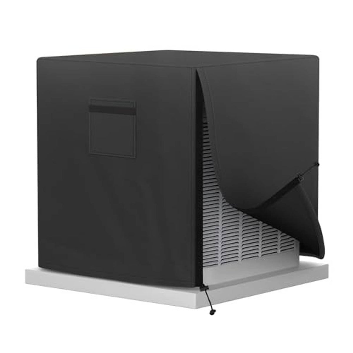 Black outdoor AC unit cover with front square panel and side vent opening, fitted.