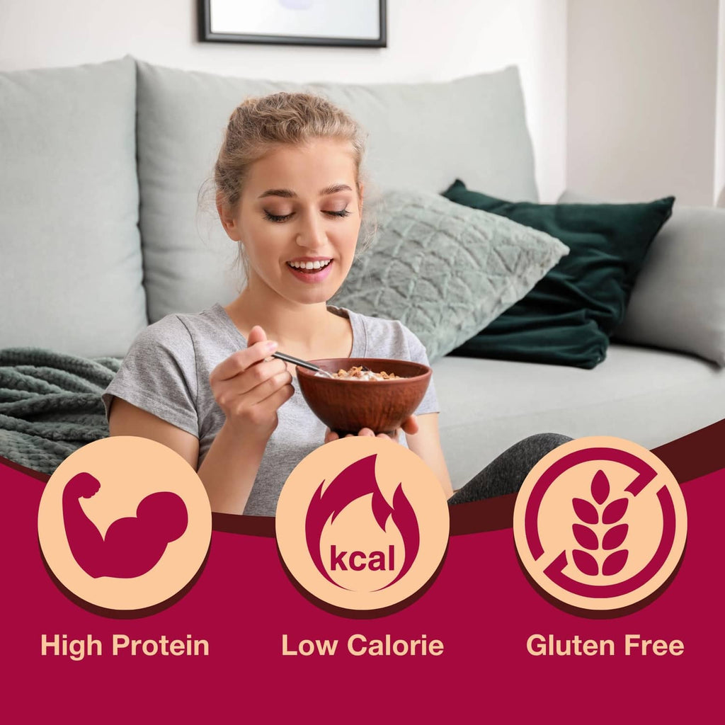 High-protein instant oatmeal serving with kcal, low-calorie, and gluten-free icons