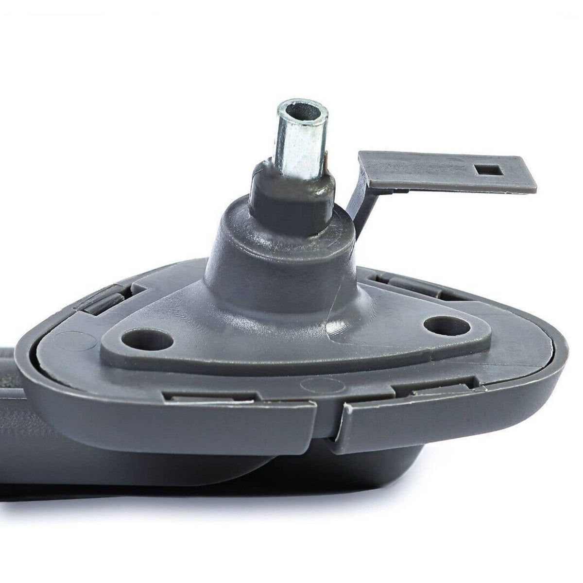 Dark gray sun visor mounting base with pivot post and attachment bracket